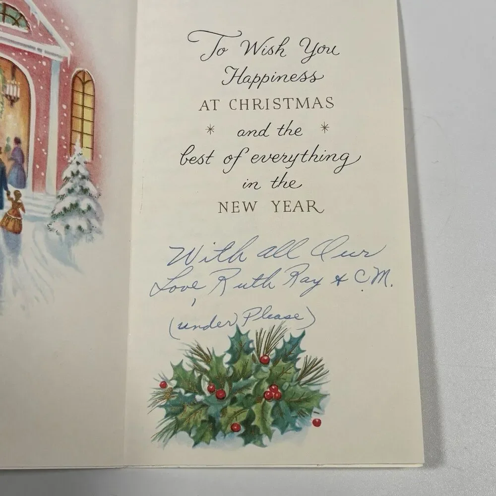 Vintage Glitter Christmas Card Church Famous Artists Studios w/ Letter Envelope